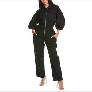 Sea NY Sia Denim Jumpsuit Womens 6 Black Zipper Zip Up Cotton Short Puff Sleeve